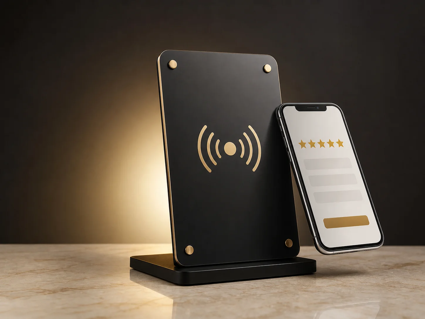 ป้าย NFC รีวิวพุ่ง พร้อมโทรศัพท์แสดงหน้าจอรีวิว 5 ดาว